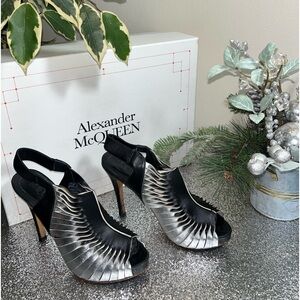 Alexander McQueen Women Cage Sandals US 7 EU37 Black Silver Leather 4 in Heel